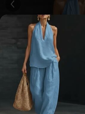 Light Blue Wide-Leg Halter Jumpsuit